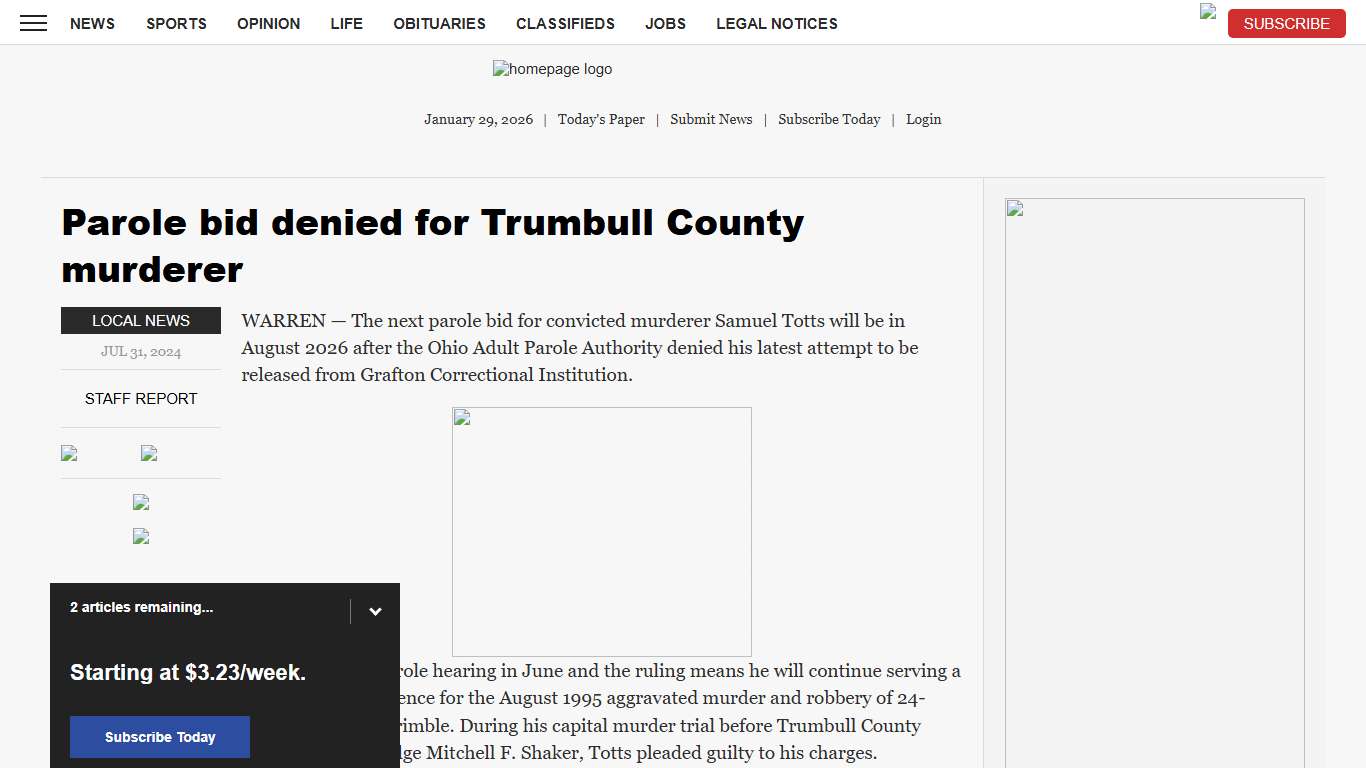 Parole bid denied for Trumbull County murderer News, Sports, Jobs - Tribune Chronicle